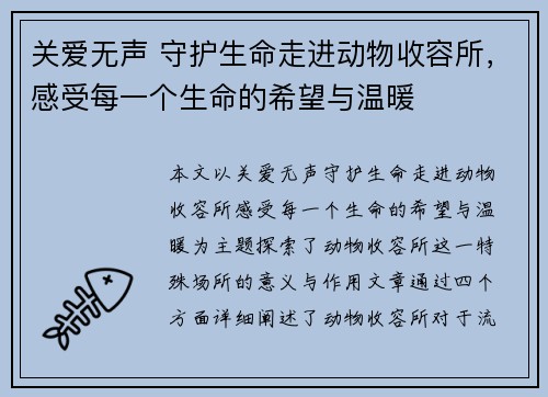 关爱无声 守护生命走进动物收容所，感受每一个生命的希望与温暖